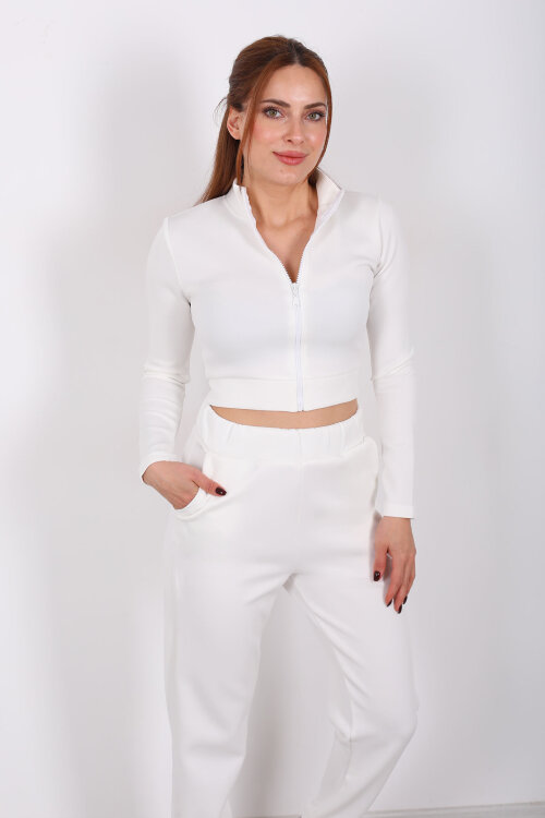 Fermuarlı Beyaz Kadın Scuba Takım - 4