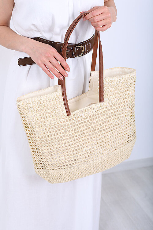 Fermuarlı Delikli Krem Hasır Omuz Çantası - 5