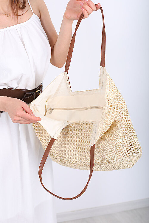 Fermuarlı Delikli Krem Hasır Omuz Çantası - 3