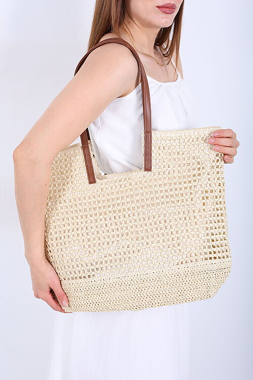 Fermuarlı Delikli Krem Hasır Omuz Çantası - Berox (1)