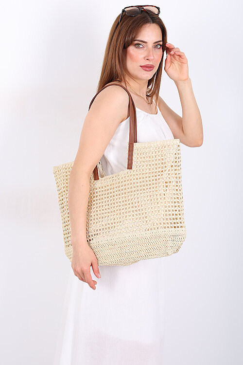 Fermuarlı Delikli Krem Hasır Omuz Çantası - Berox