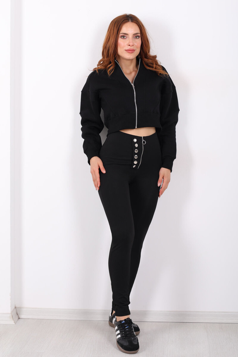 Fermuarlı Düğmeli Siyah Kadın Tayt - 3