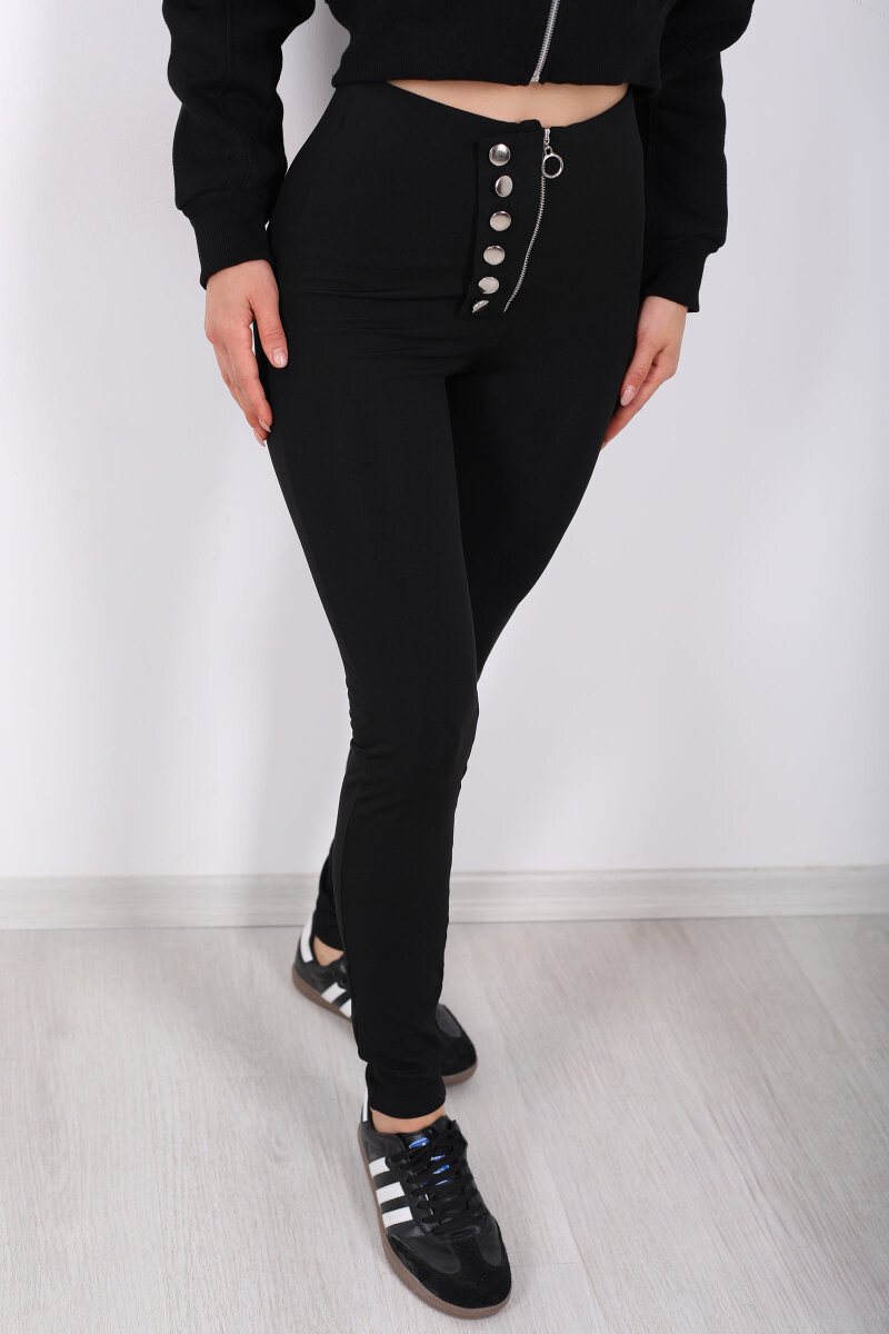 Fermuarlı Düğmeli Siyah Kadın Tayt - 4