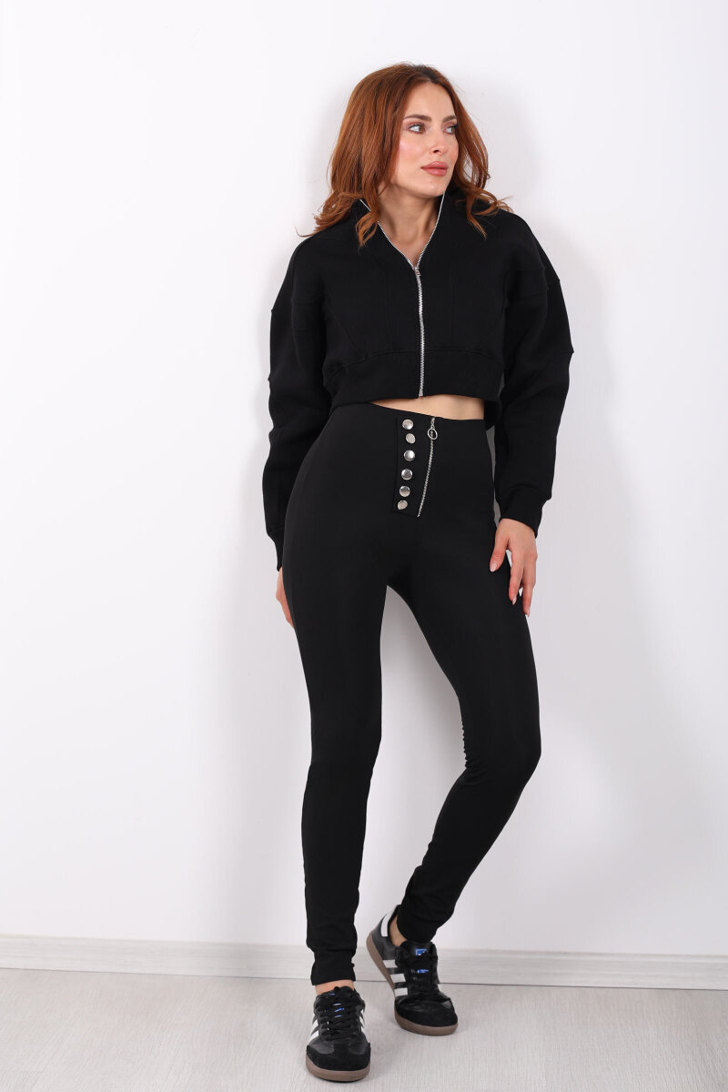 Fermuarlı Düğmeli Siyah Kadın Tayt - 1