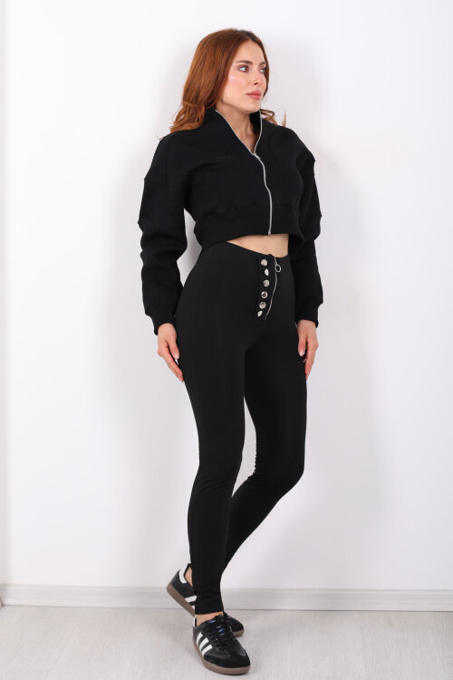 Fermuarlı Düğmeli Siyah Kadın Tayt - 5