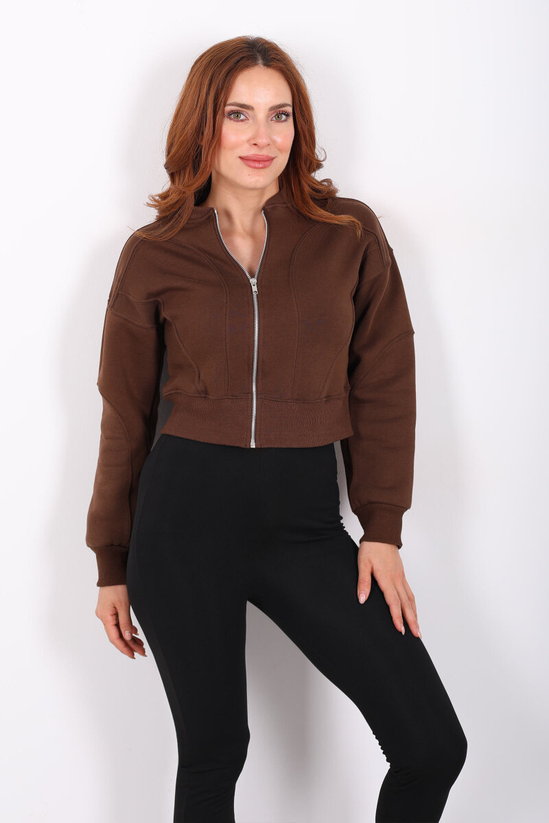 Fermuarlı Kahverengi Kadın Parçalı Sweat - 1