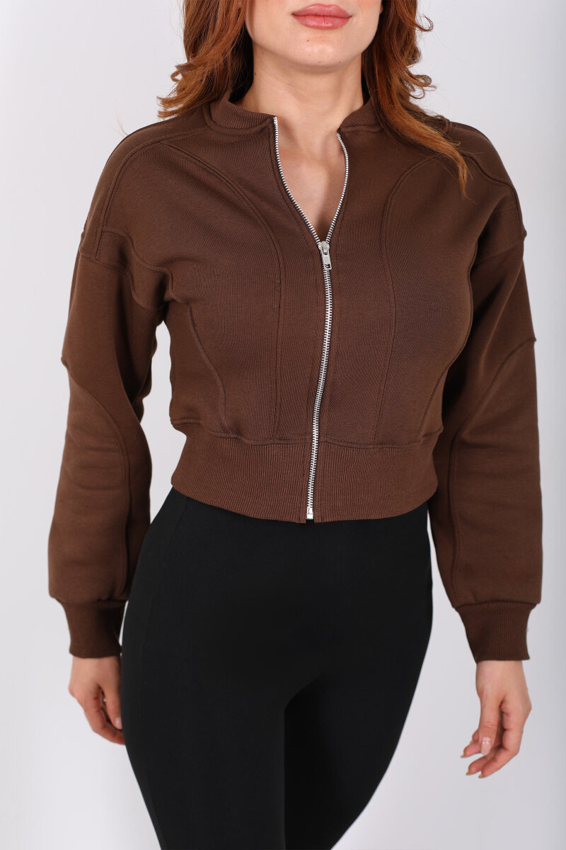 Fermuarlı Kahverengi Kadın Parçalı Sweat - 2