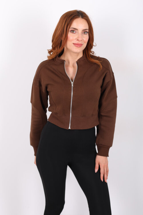 Fermuarlı Kahverengi Kadın Parçalı Sweat - 5