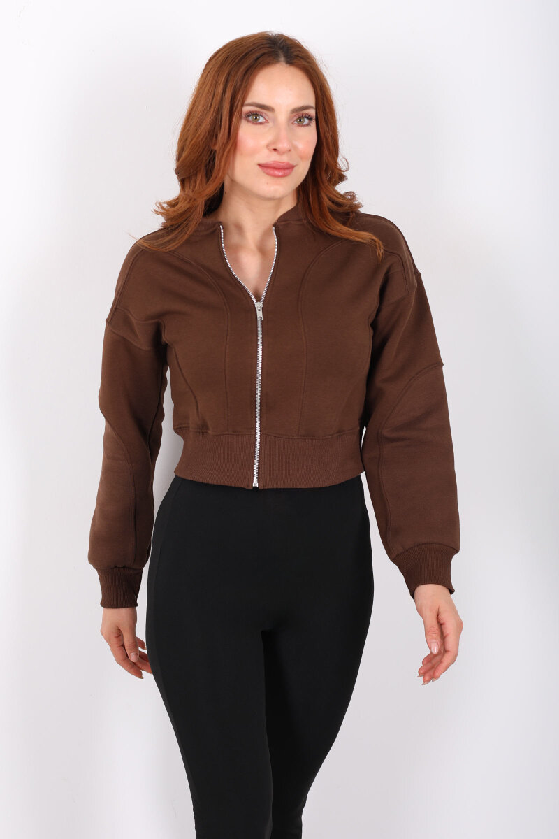 Fermuarlı Kahverengi Kadın Parçalı Sweat - 3