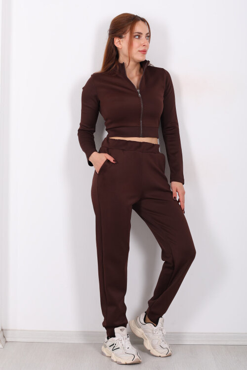 Fermuarlı Kahverengi Kadın Scuba Takım - Berox