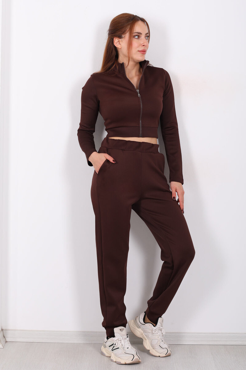 Fermuarlı Kahverengi Kadın Scuba Takım - 1