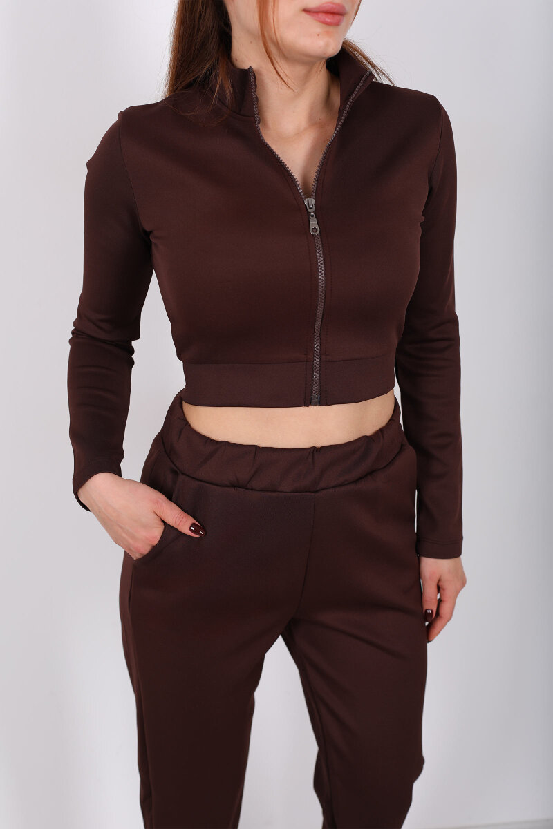 Fermuarlı Kahverengi Kadın Scuba Takım - 2