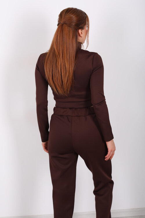 Fermuarlı Kahverengi Kadın Scuba Takım - 5