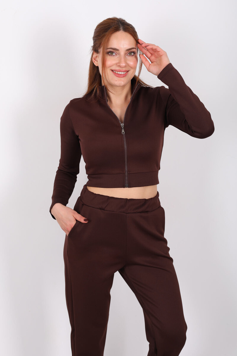 Fermuarlı Kahverengi Kadın Scuba Takım - 3