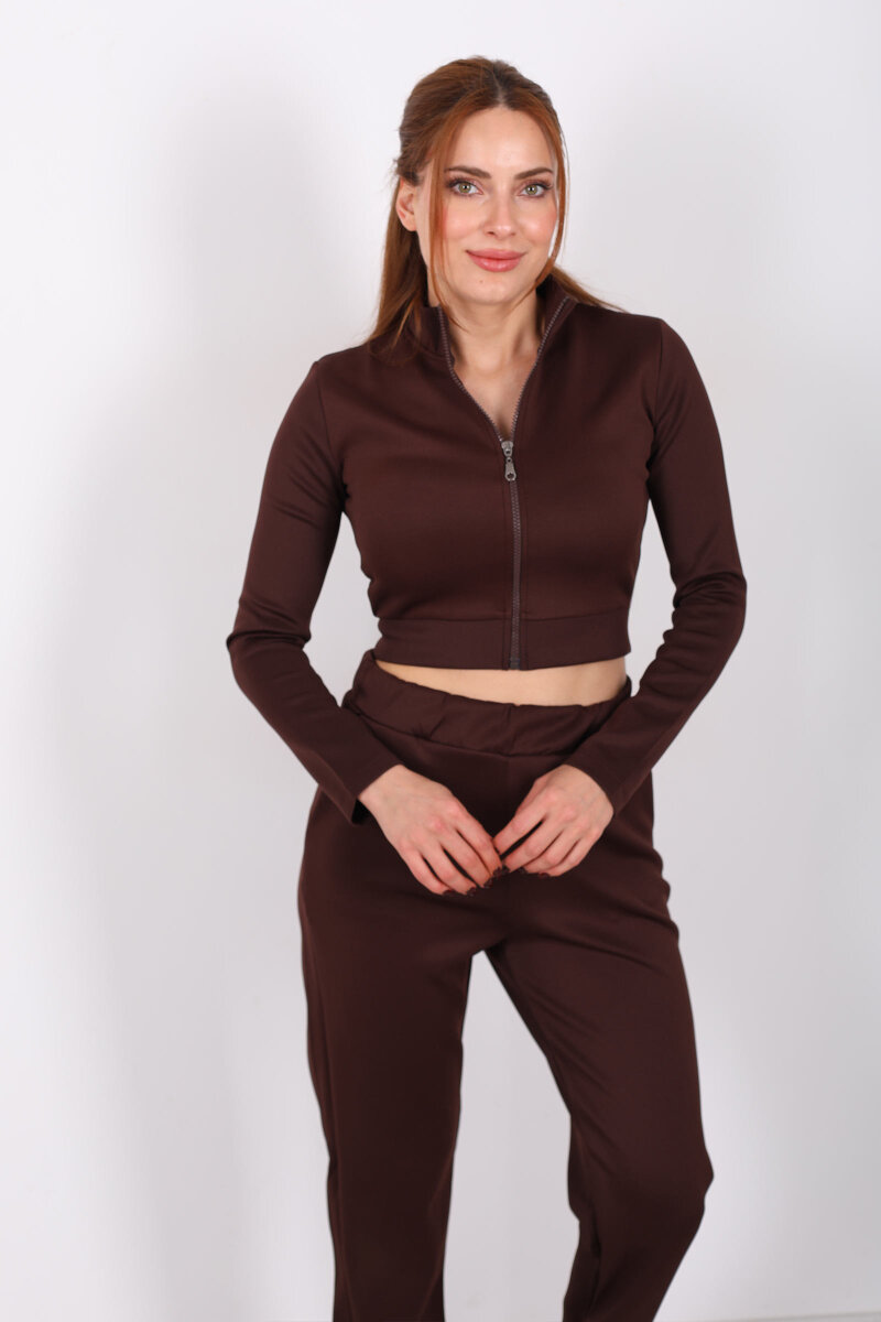 Fermuarlı Kahverengi Kadın Scuba Takım - 6