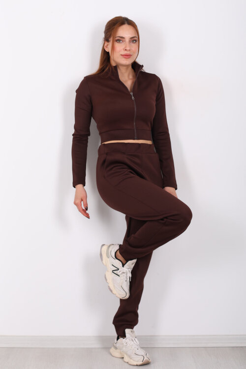 Fermuarlı Kahverengi Kadın Scuba Takım - 4