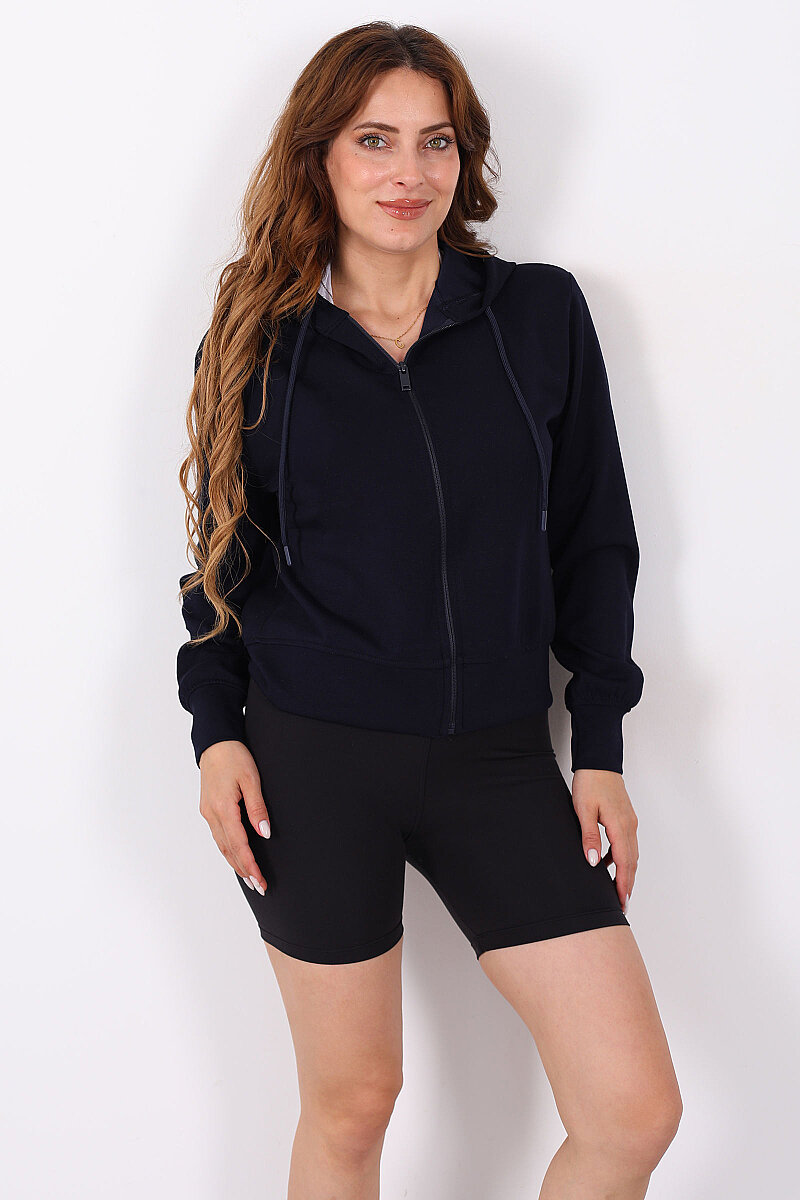 Fermuarlı Kapüşonlu İki İplik Lacivert Kadın Sweat - 3