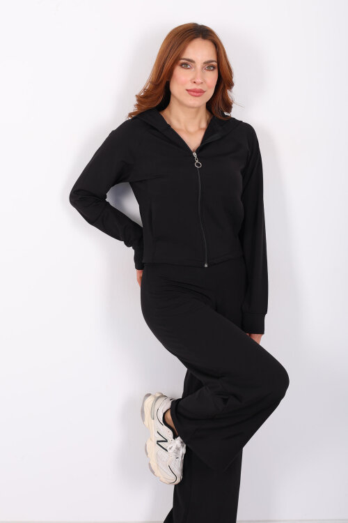 Fermuarlı Kapüşonlu Kadın Siyah Takım - Berox