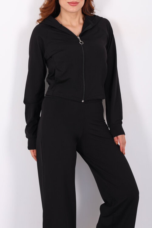 Fermuarlı Kapüşonlu Kadın Siyah Takım - Berox (1)