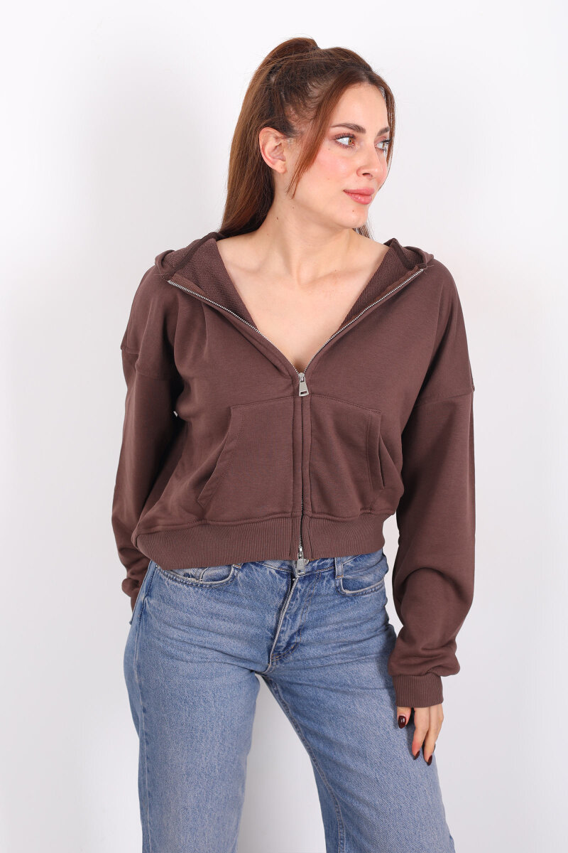 Fermuarlı Kapüşonlu Kahverengi Kadın İki İplik Sweat - 5