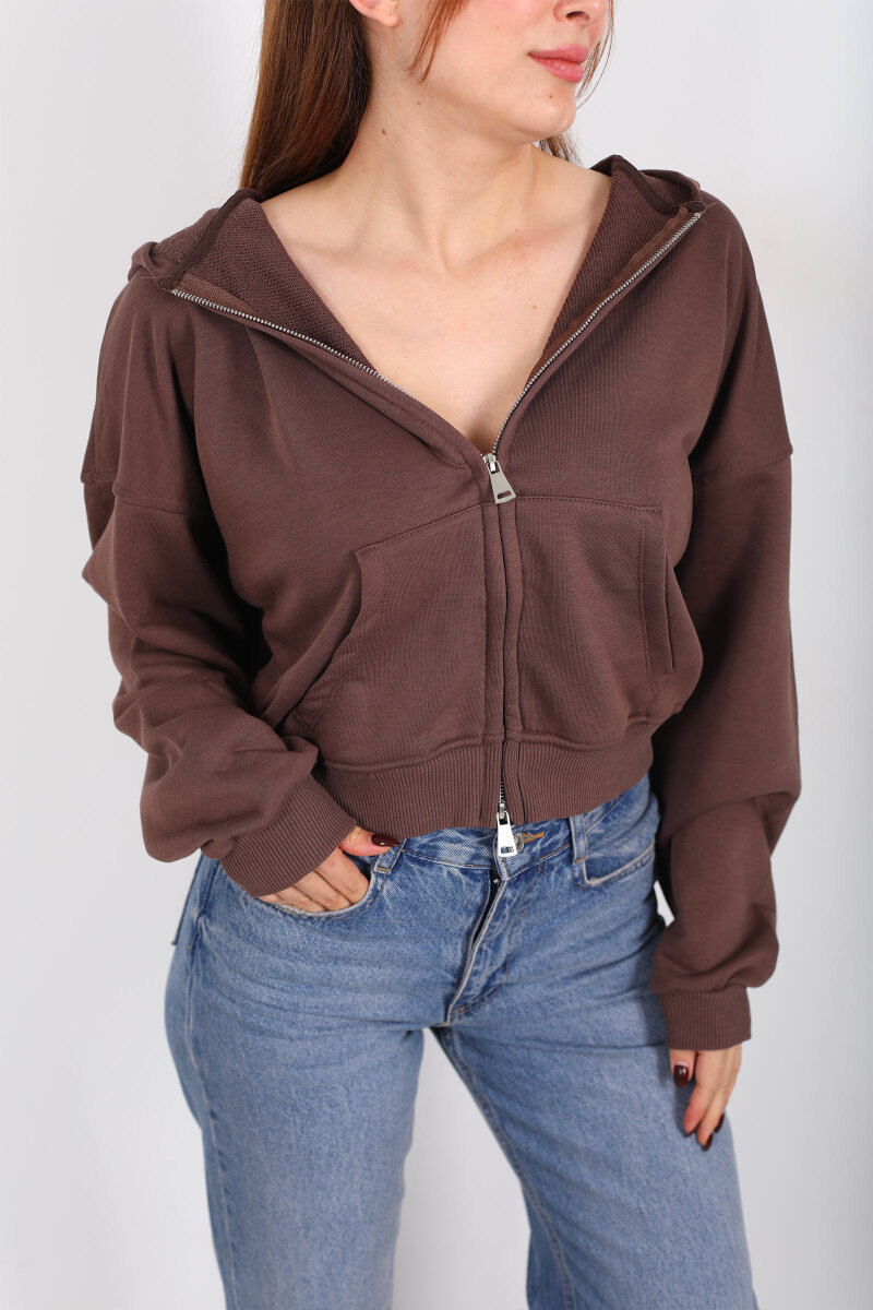 Fermuarlı Kapüşonlu Kahverengi Kadın İki İplik Sweat - 2