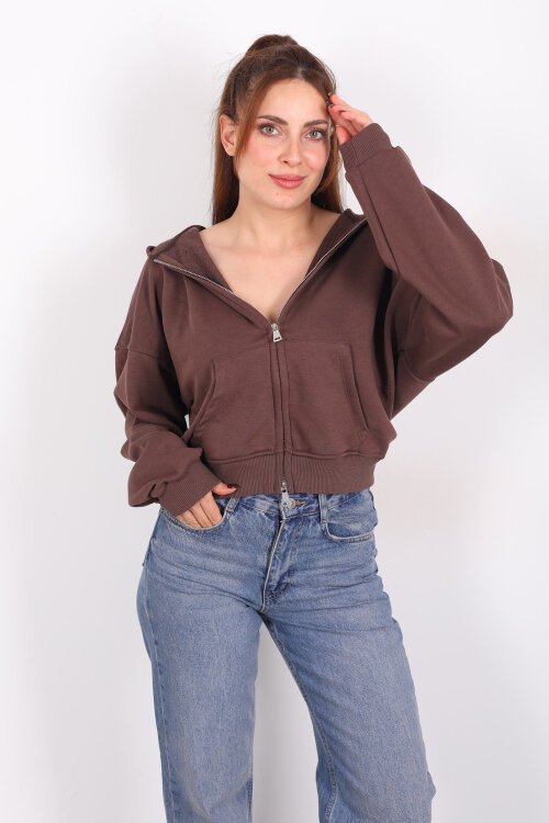 Fermuarlı Kapüşonlu Kahverengi Kadın İki İplik Sweat - 3