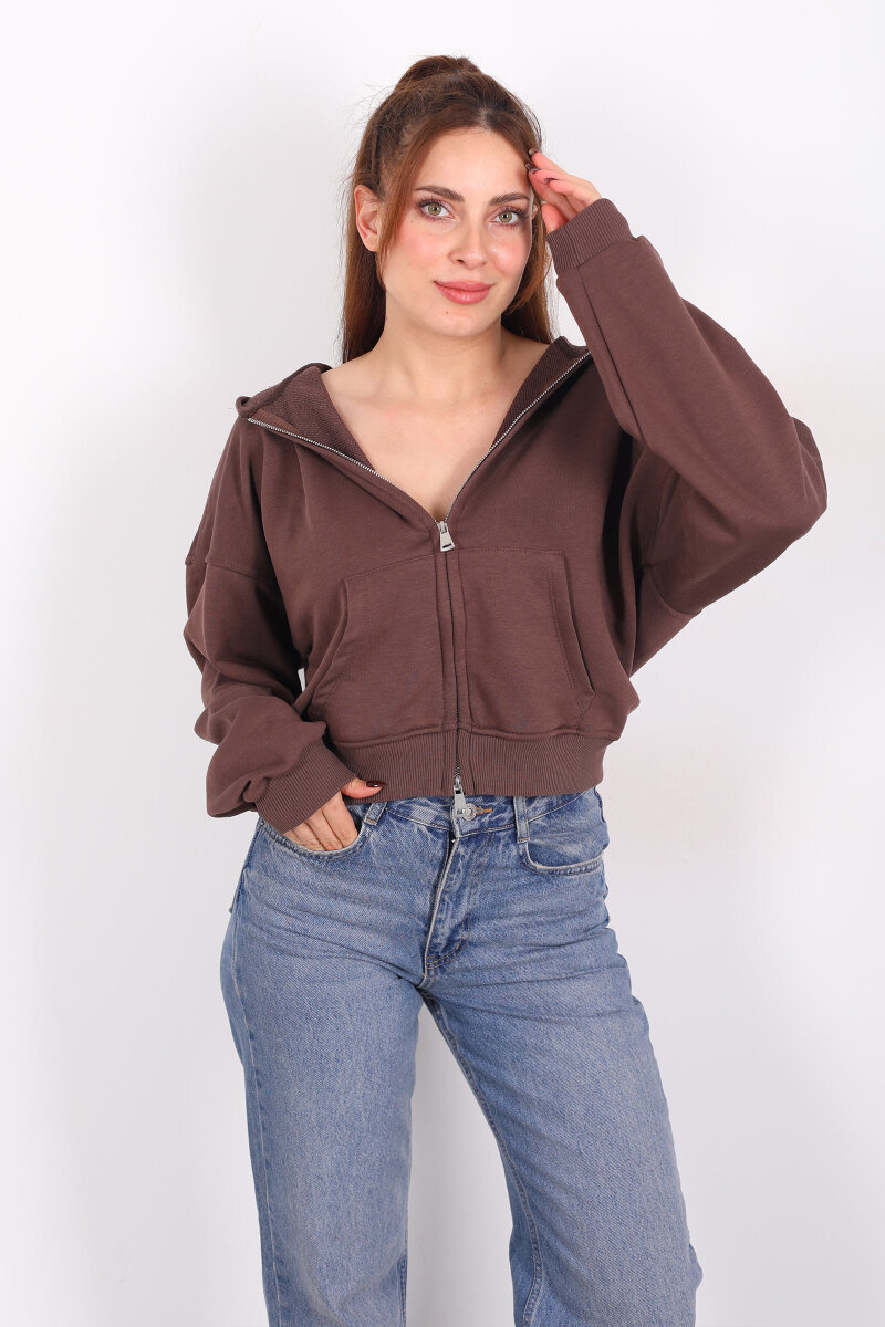 Fermuarlı Kapüşonlu Kahverengi Kadın İki İplik Sweat - 3