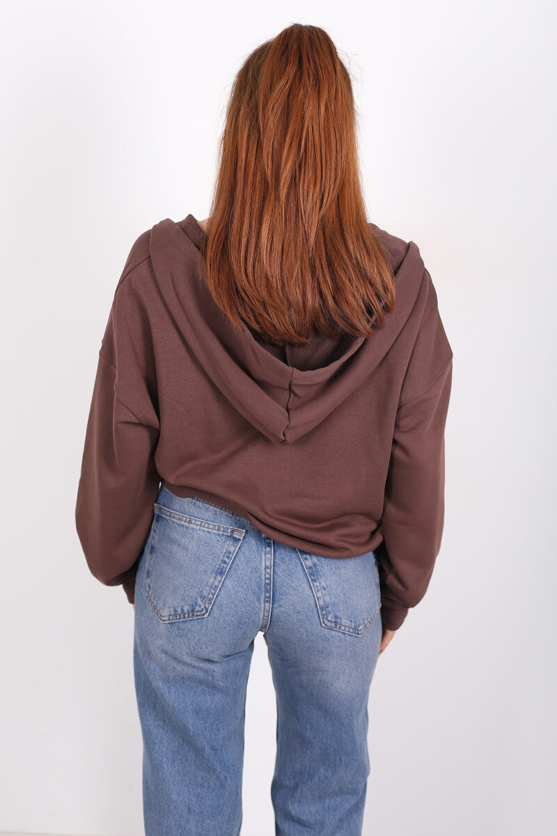 Fermuarlı Kapüşonlu Kahverengi Kadın İki İplik Sweat - 4