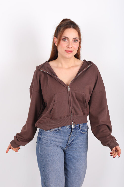 Fermuarlı Kapüşonlu Kahverengi Kadın İki İplik Sweat - Berox