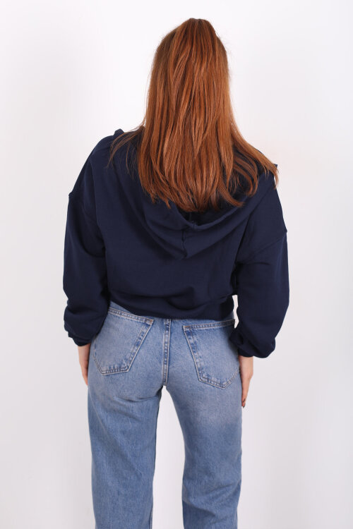 Fermuarlı Kapüşonlu Lacivert Kadın İki İplik Sweat - 4