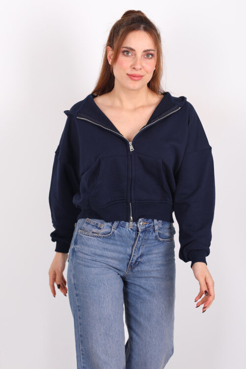 Fermuarlı Kapüşonlu Lacivert Kadın İki İplik Sweat - 3