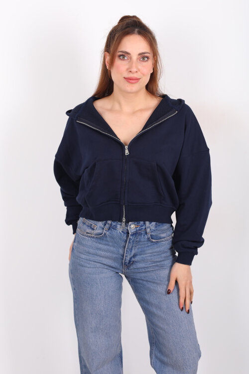 Fermuarlı Kapüşonlu Lacivert Kadın İki İplik Sweat - 5