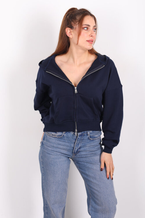 Fermuarlı Kapüşonlu Lacivert Kadın İki İplik Sweat - Berox