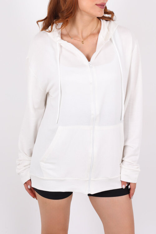 Fermuarlı Kapüşonlu Modal Beyaz Unisex Sweat - Berox (1)