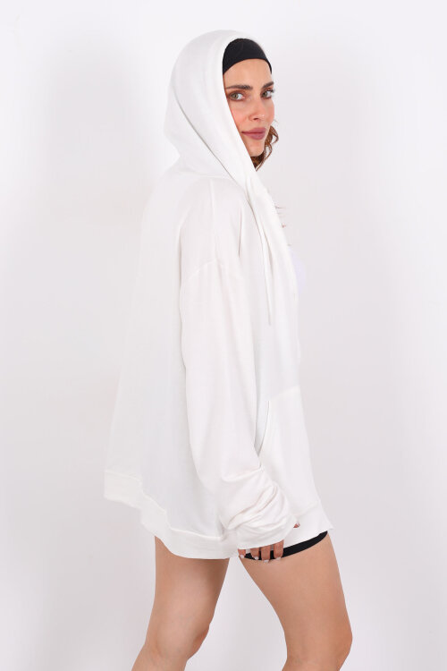 Fermuarlı Kapüşonlu Modal Beyaz Unisex Sweat - 5