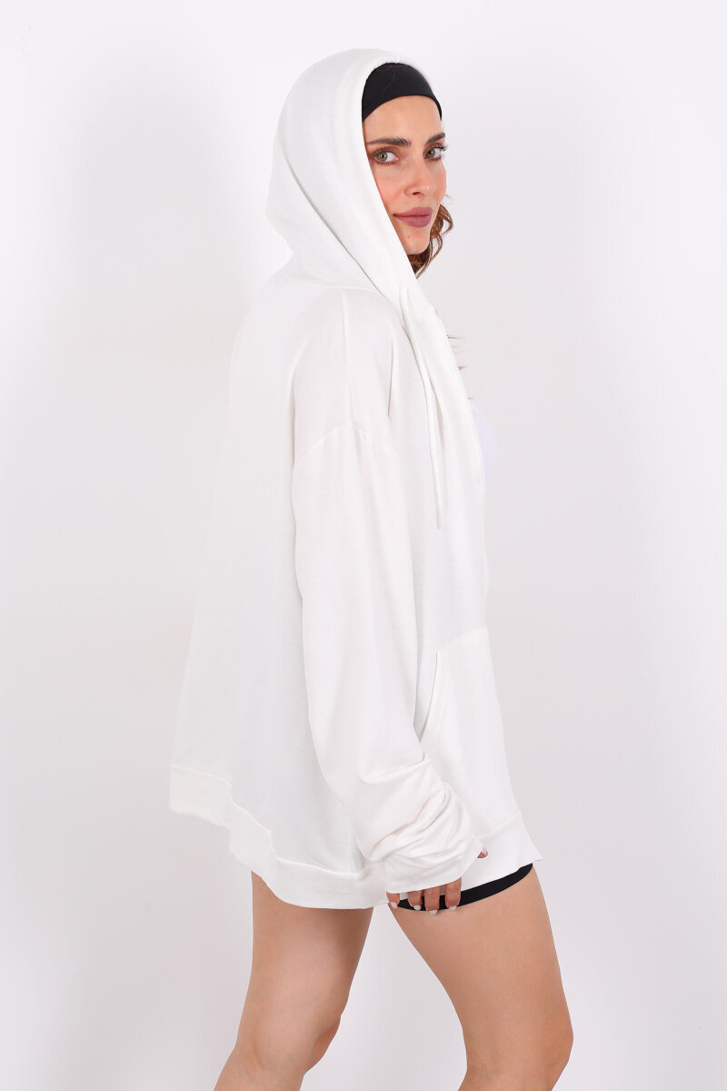 Fermuarlı Kapüşonlu Modal Beyaz Unisex Sweat - 5