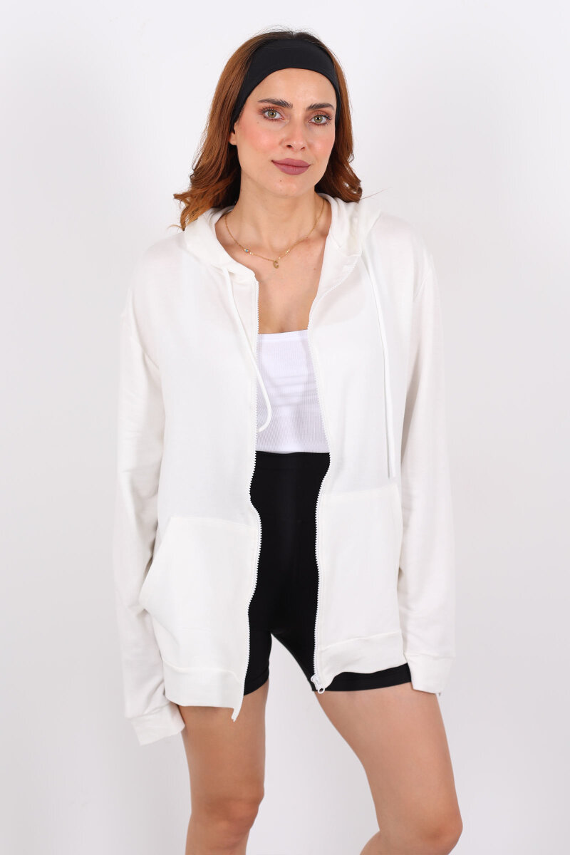 Fermuarlı Kapüşonlu Modal Beyaz Unisex Sweat - 7