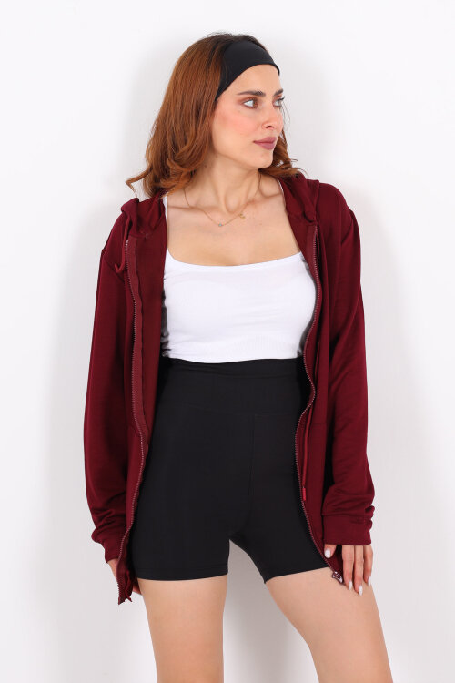 Fermuarlı Kapüşonlu Modal Bordo Unisex Sweat - Berox