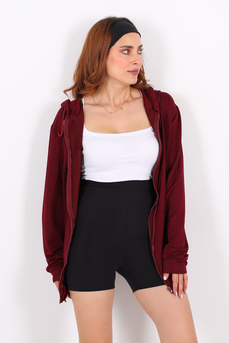 Fermuarlı Kapüşonlu Modal Bordo Unisex Sweat - 1