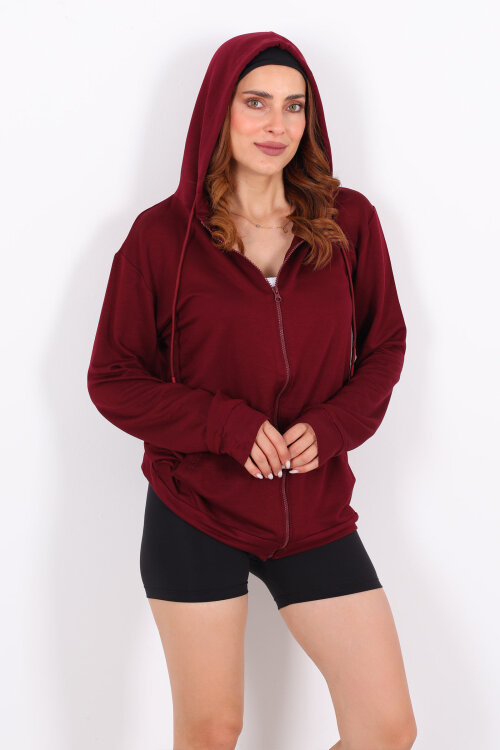 Fermuarlı Kapüşonlu Modal Bordo Unisex Sweat - 3