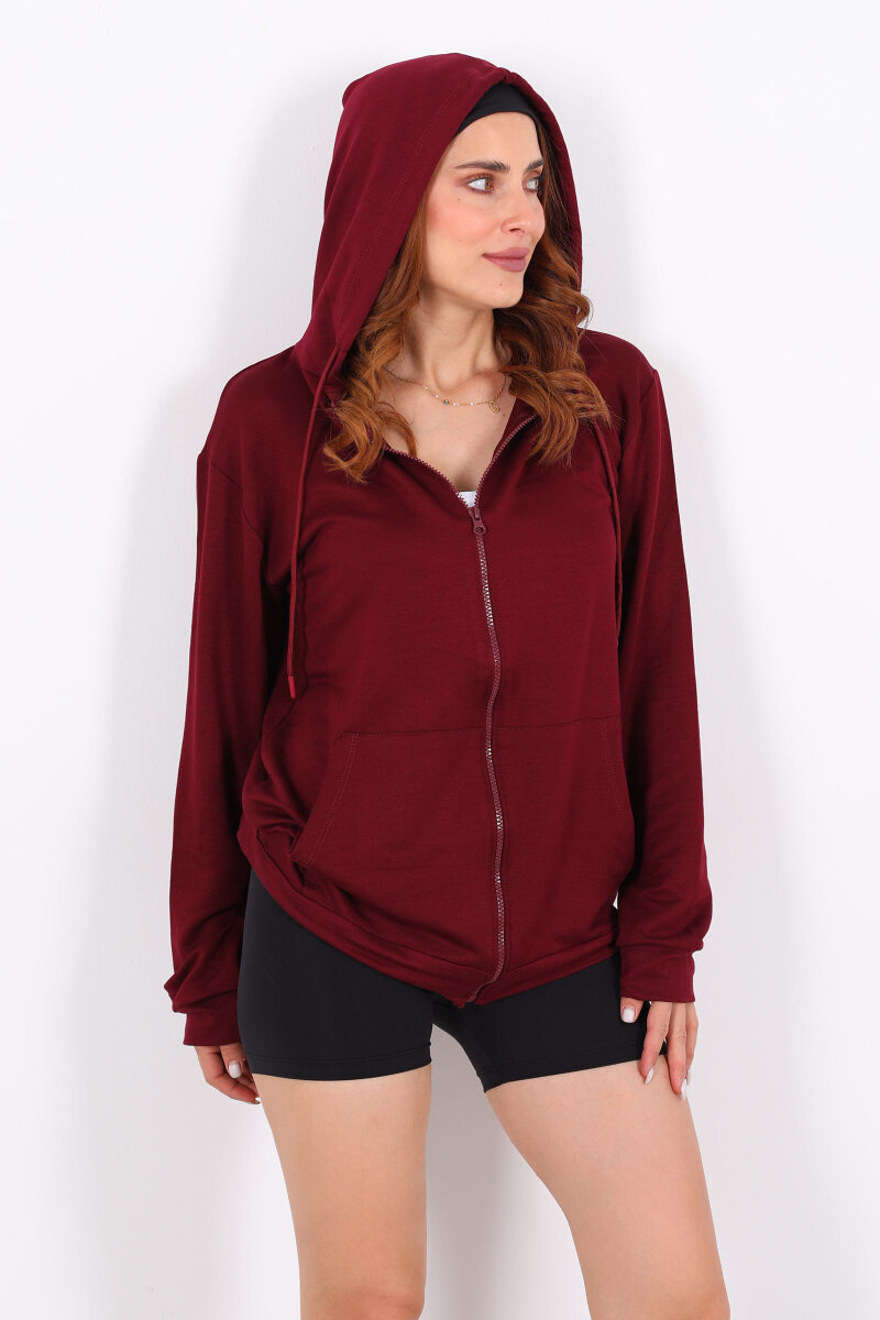 Fermuarlı Kapüşonlu Modal Bordo Unisex Sweat - 6
