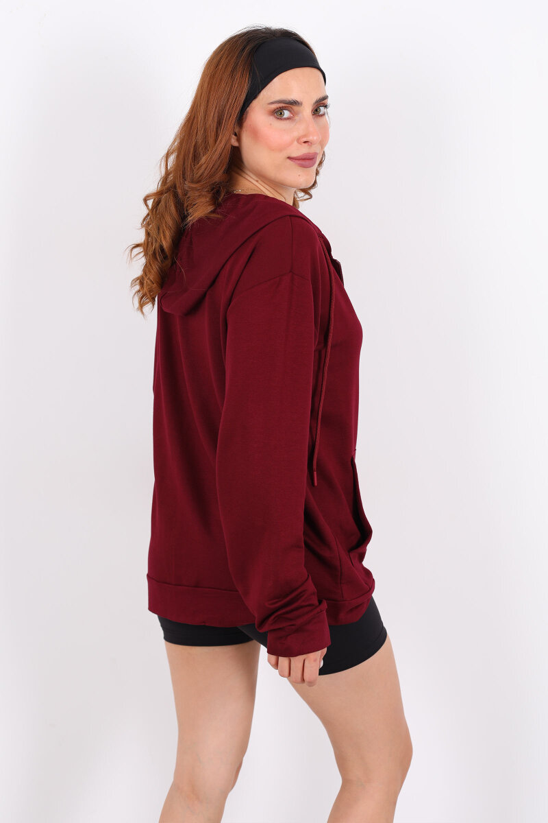 Fermuarlı Kapüşonlu Modal Bordo Unisex Sweat - 5
