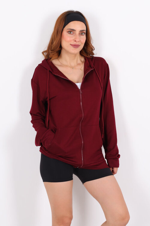 Fermuarlı Kapüşonlu Modal Bordo Unisex Sweat - 4