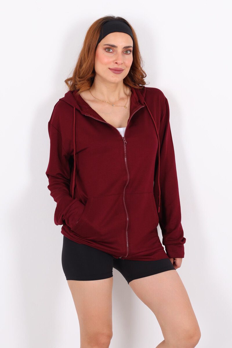 Fermuarlı Kapüşonlu Modal Bordo Unisex Sweat - 4