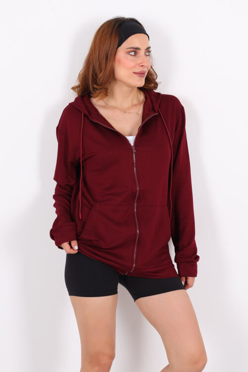 Fermuarlı Kapüşonlu Modal Bordo Unisex Sweat - 7