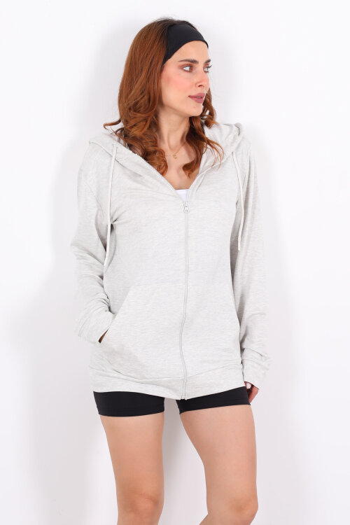 Fermuarlı Kapüşonlu Modal Gri Unisex Sweat - 6