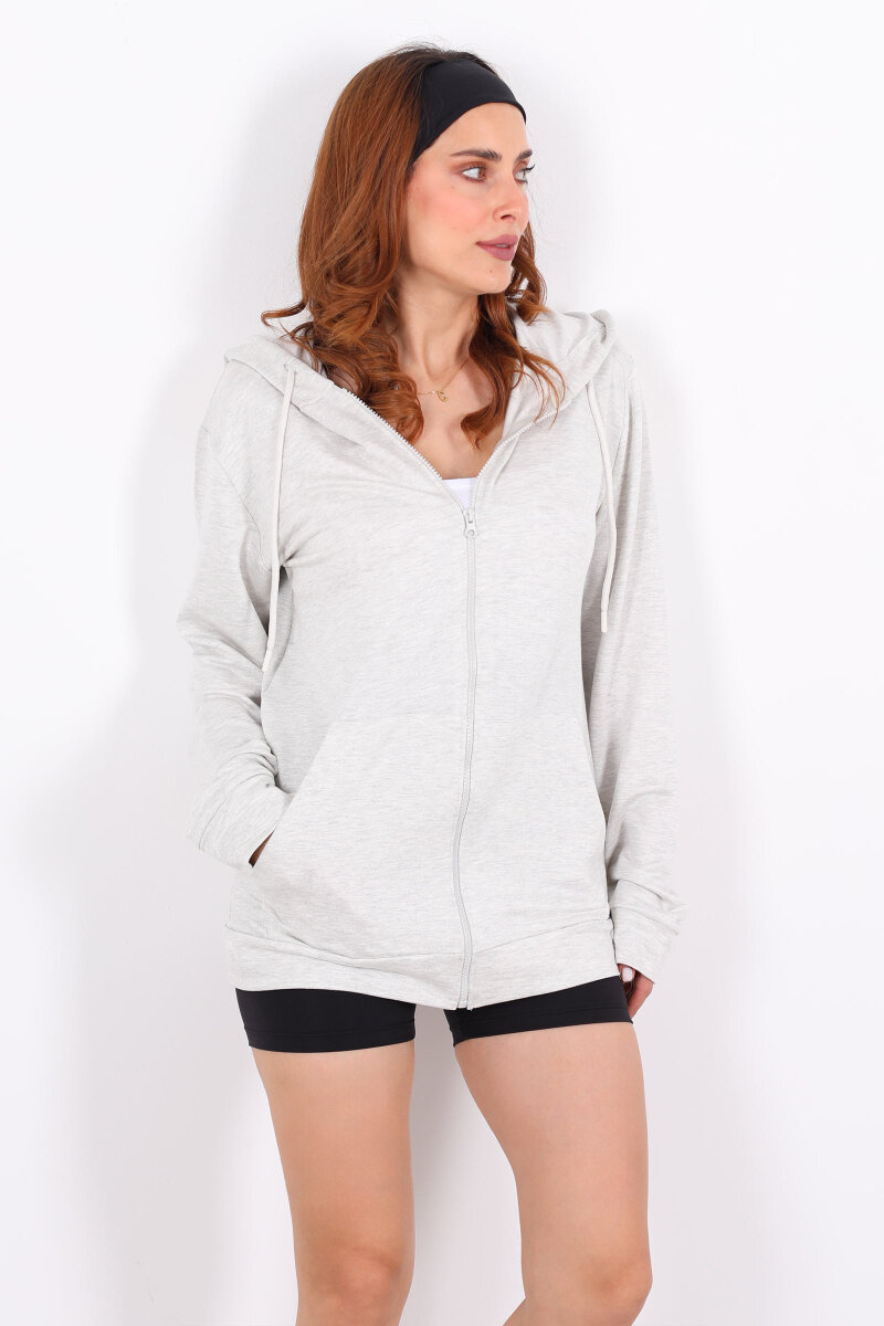 Fermuarlı Kapüşonlu Modal Gri Unisex Sweat - 6