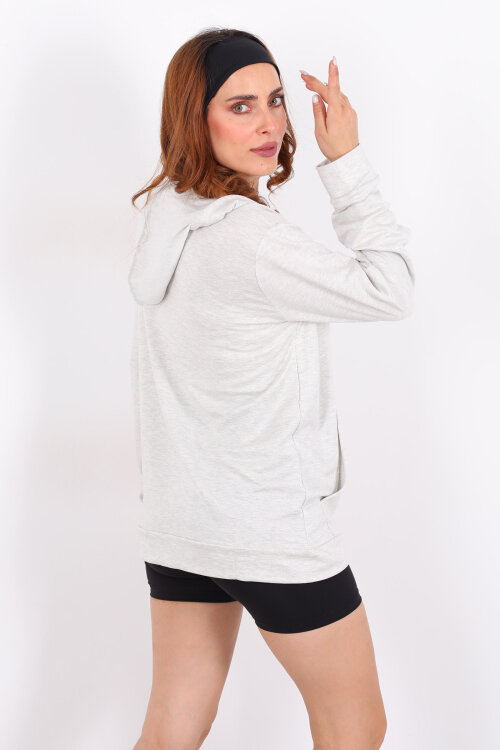 Fermuarlı Kapüşonlu Modal Gri Unisex Sweat - 3