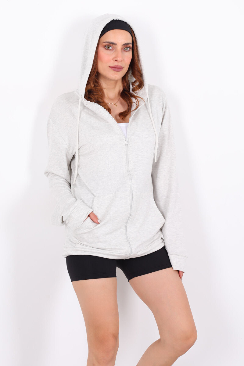 Fermuarlı Kapüşonlu Modal Gri Unisex Sweat - 4