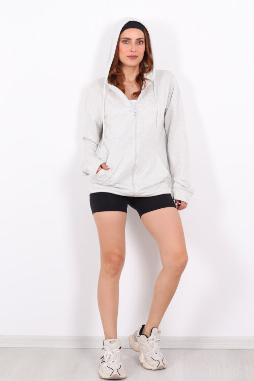 Fermuarlı Kapüşonlu Modal Gri Unisex Sweat - Berox